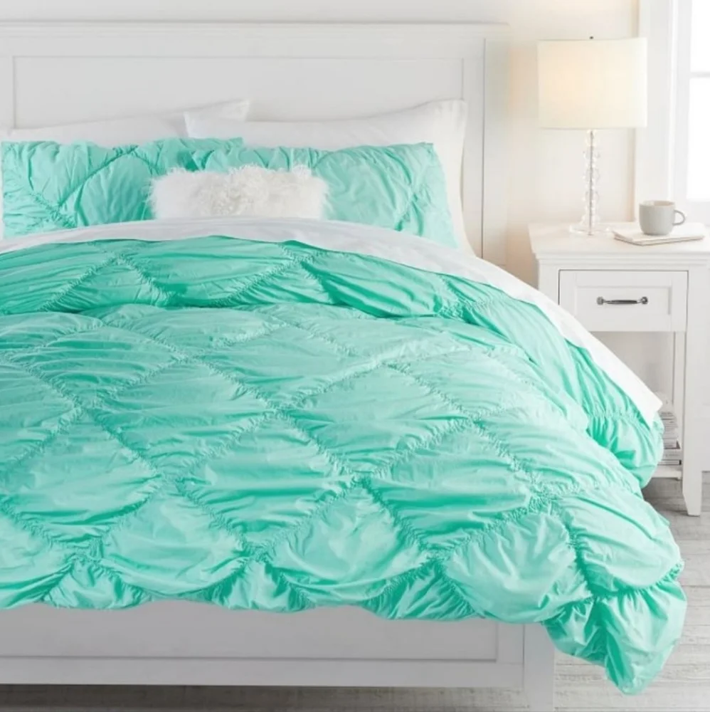 Pottery Barn Organic Ruched Diamond Twin XL Duvet Cover & Sham Turquoise Blue